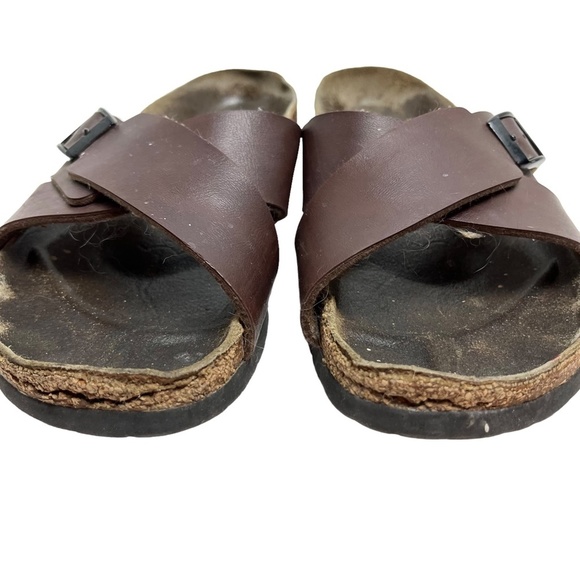 BIRKENSTOCK BIRKI'S Brown Genuine Leather Criss Cross Slides Sandals Shoes sz 6 - Picture 2 of 16